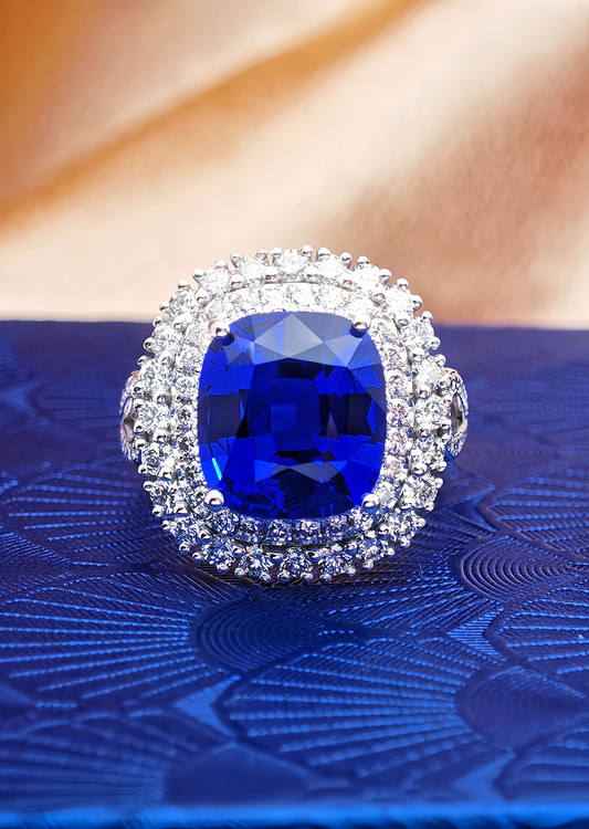 Lab-Grown Kashmir Blue Sapphire Ring | 10x11mm Cushion Cut | Lab-Grown Diamonds | Platinum Luxury
