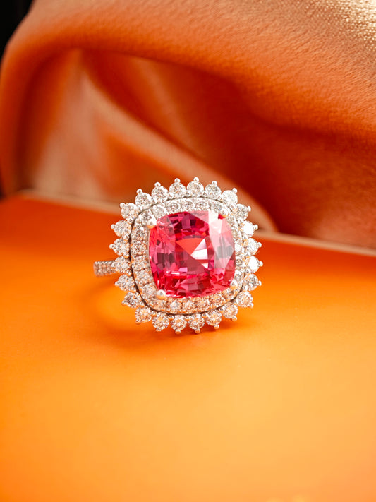 6ct Cushion-Cut Sunset Padparadscha Lab Sapphire Ring in Platinum with Lab Diamond