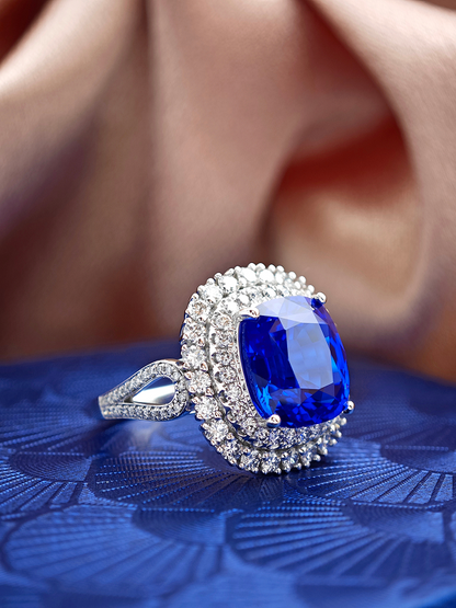 Lab-Grown Kashmir Blue Sapphire Ring | 10x11mm Cushion Cut | Lab-Grown Diamonds | Platinum Luxury