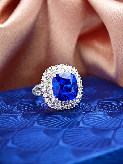 Lab-Grown Kashmir Blue Sapphire Ring | 10x11mm Cushion Cut | Lab-Grown Diamonds | Platinum Luxury