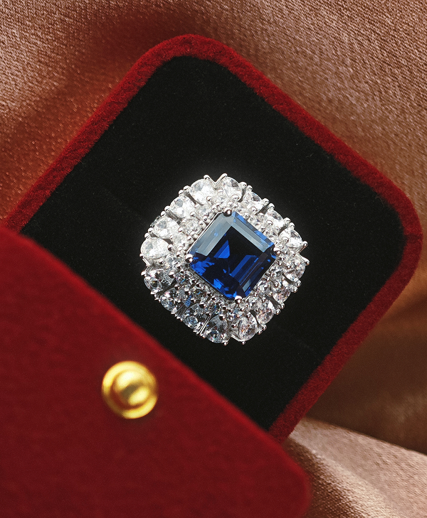 Lab Grown Royal Blue Sapphire Ring | Zirconia Border | 10x10mm Emerald cut Center Stone | Elegant & Luxurious