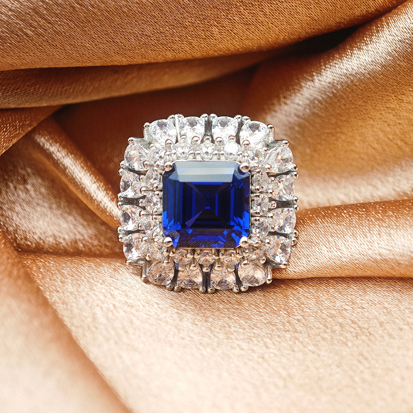 Lab Grown Royal Blue Sapphire Ring | Zirconia Border | 10x10mm Emerald cut Center Stone | Elegant & Luxurious