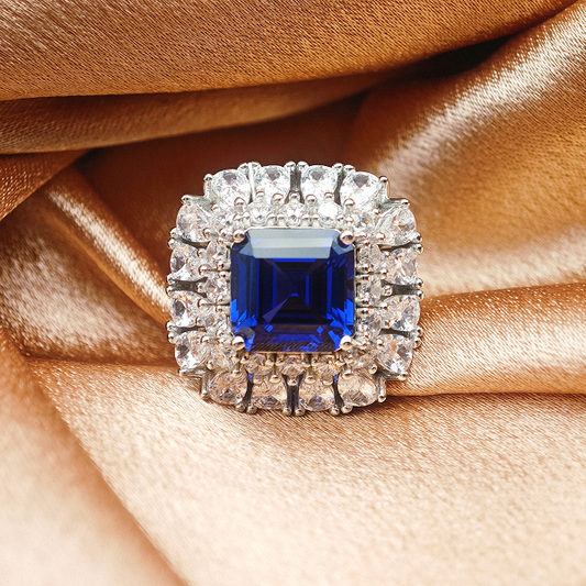 Lab Grown Royal Blue Sapphire Ring | Zirconia Border | 10x10mm Emerald cut Center Stone | Elegant & Luxurious