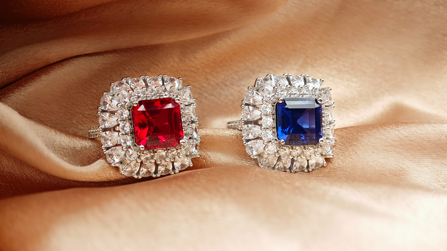 Lab Grown Royal Blue Sapphire Ring | Zirconia Border | 10x10mm Emerald cut Center Stone | Elegant & Luxurious