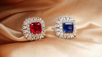 Lab Grown Royal Blue Sapphire Ring | Zirconia Border | 10x10mm Emerald cut Center Stone | Elegant & Luxurious