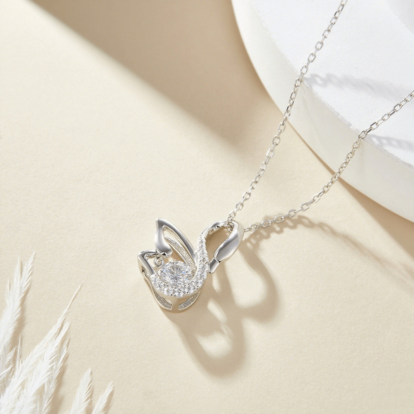 Swans by the Lake – Sterling Silver Moissanite Swan Pendant Necklace
