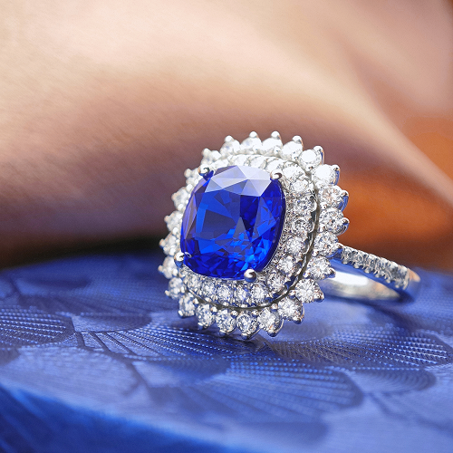 4.2ct Lab-Grown Kashmir Blue Sapphire Ring | 10x10mm Cushion Cut | Lab-Grown Diamonds | Platinum Luxury