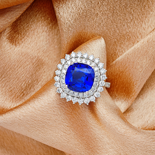 4.2ct Lab-Grown Kashmir Blue Sapphire Ring | 10x10mm Cushion Cut | Lab-Grown Diamonds | Platinum Luxury