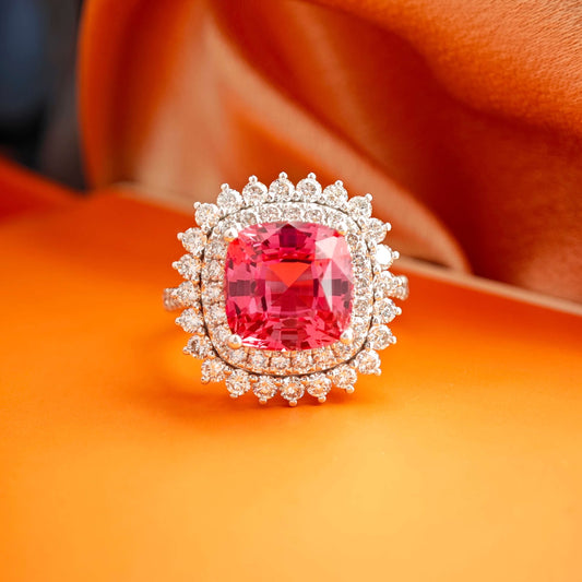 6ct Cushion-Cut Sunset Padparadscha Lab Sapphire Ring in Platinum with Lab Diamond