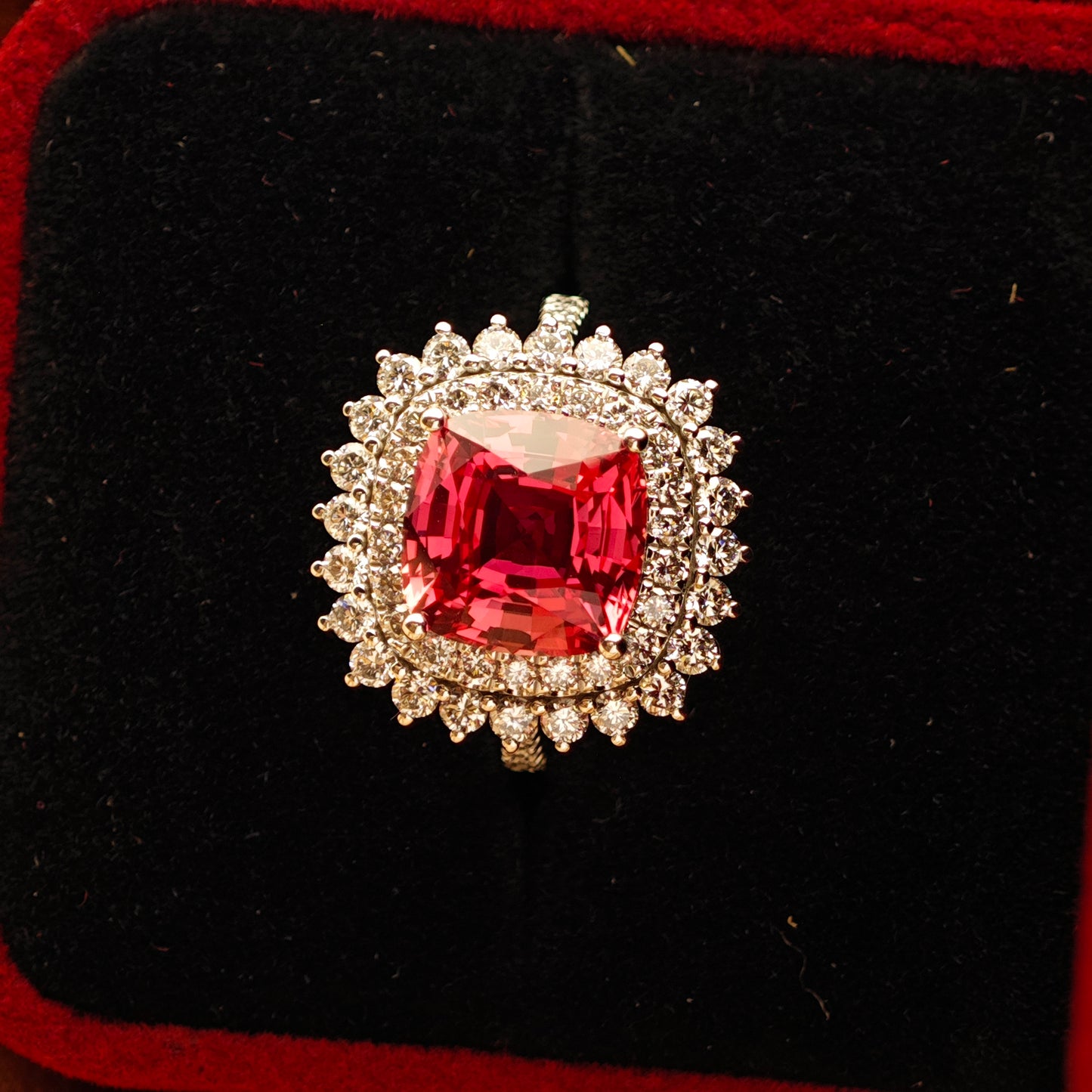 6ct Cushion-Cut Sunset Padparadscha Lab Sapphire Ring in Platinum with Lab Diamond