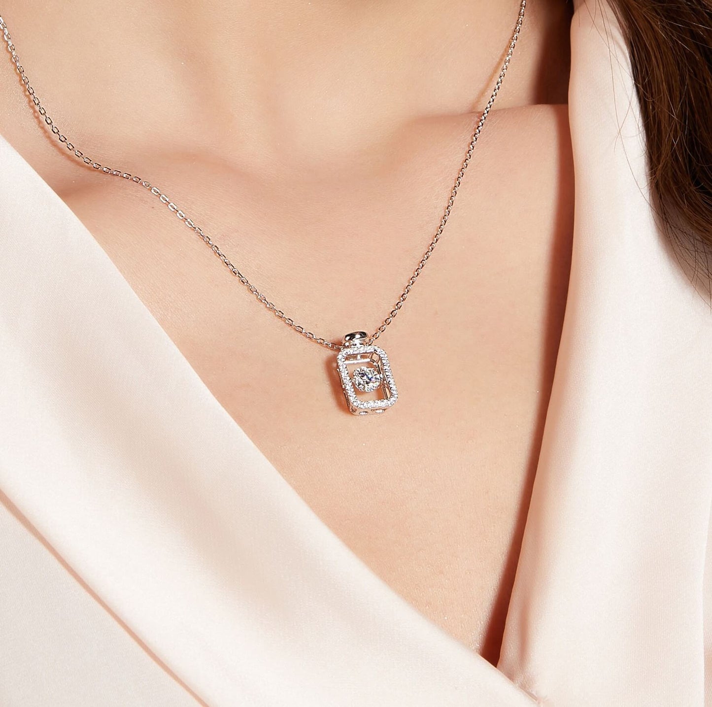 Wishing Bottle – Sterling Silver Moissanite Rectangle Pendant Necklace